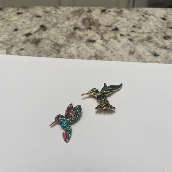 Lot Of 2 Brooch Pins Gold Tone / Hummingbird Birds - Enamel / Rhinestone - Picture 5 of 9